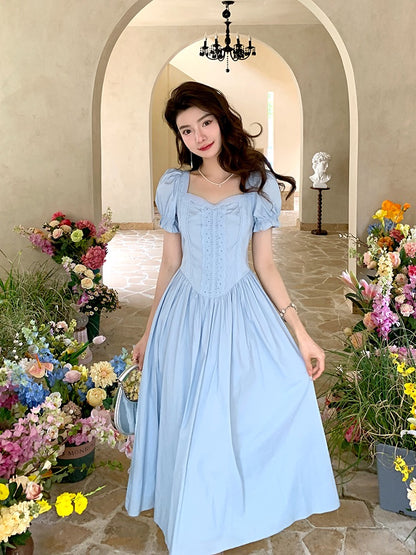 Blue Cotton Vintage inspired Swing Dress - DollyGown