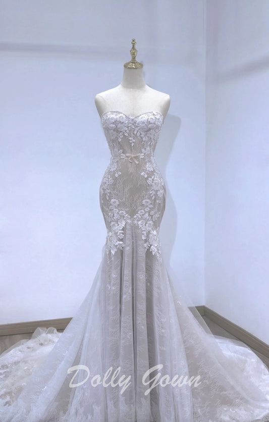 Illusion Strapless Breathtaking Lace Mermaid Bridal Gown - DollyGown