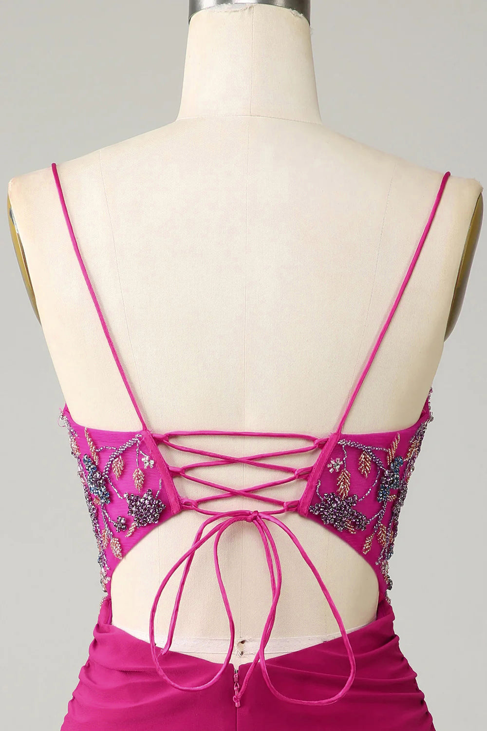 Fuchsia Beaded Bodycon Homecoming Dress, Spaghetti Strap Short Party Dress