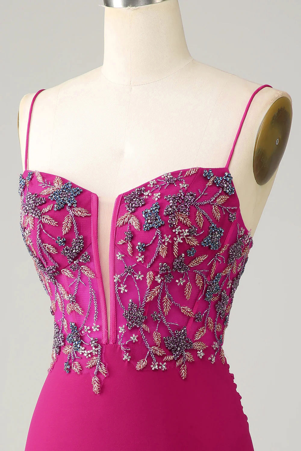 Fuchsia Beaded Bodycon Homecoming Dress, Spaghetti Strap Short Party Dress