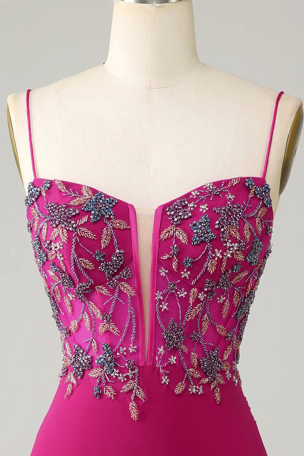 Fuchsia Beaded Bodycon Homecoming Dress, Spaghetti Strap Short Party Dress