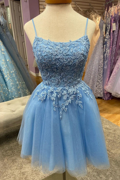 Juniors Blue Lace Homecoming Dress - DollyGown