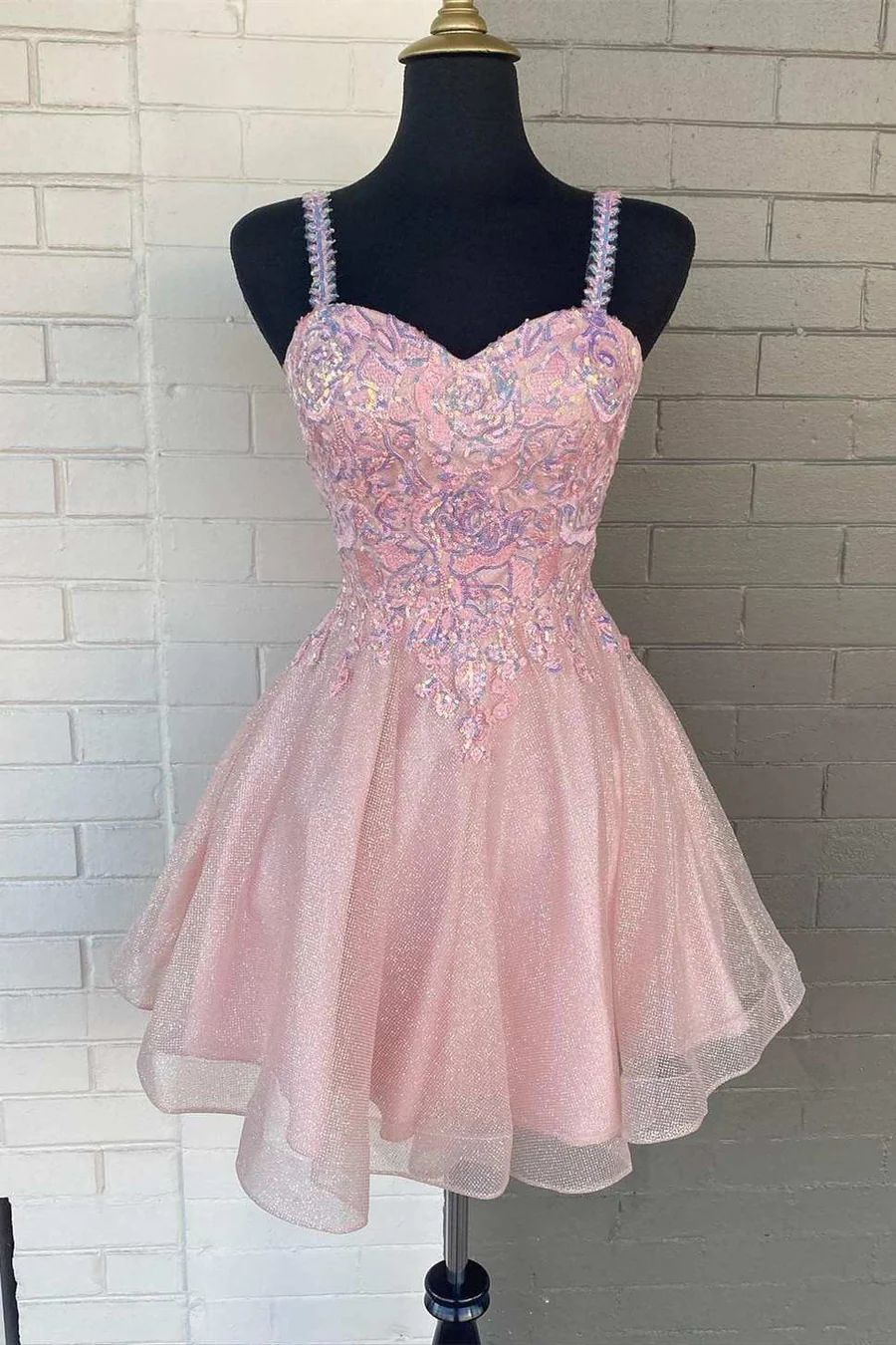 Juniors Pink Lace Top Homecoming Dress - DollyGown