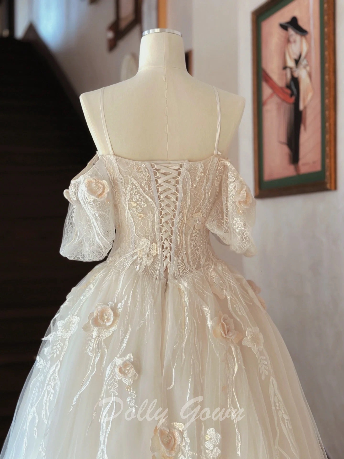 white lace over champagne wedding dress Neda Champagne Wedding Dress: Ivory Floral Lace, Illusion Sleeves, Custom Gown