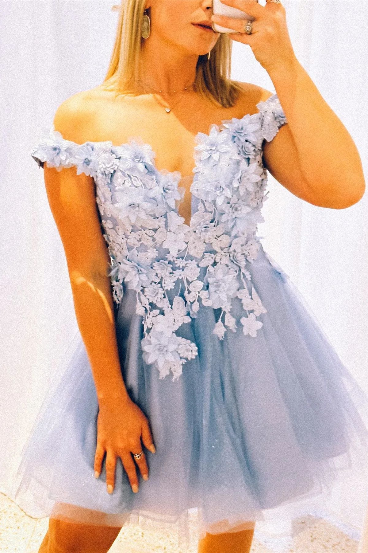 Unique Light Blue 3D flowers Off Shoulder Homecoming Dress - DollyGown