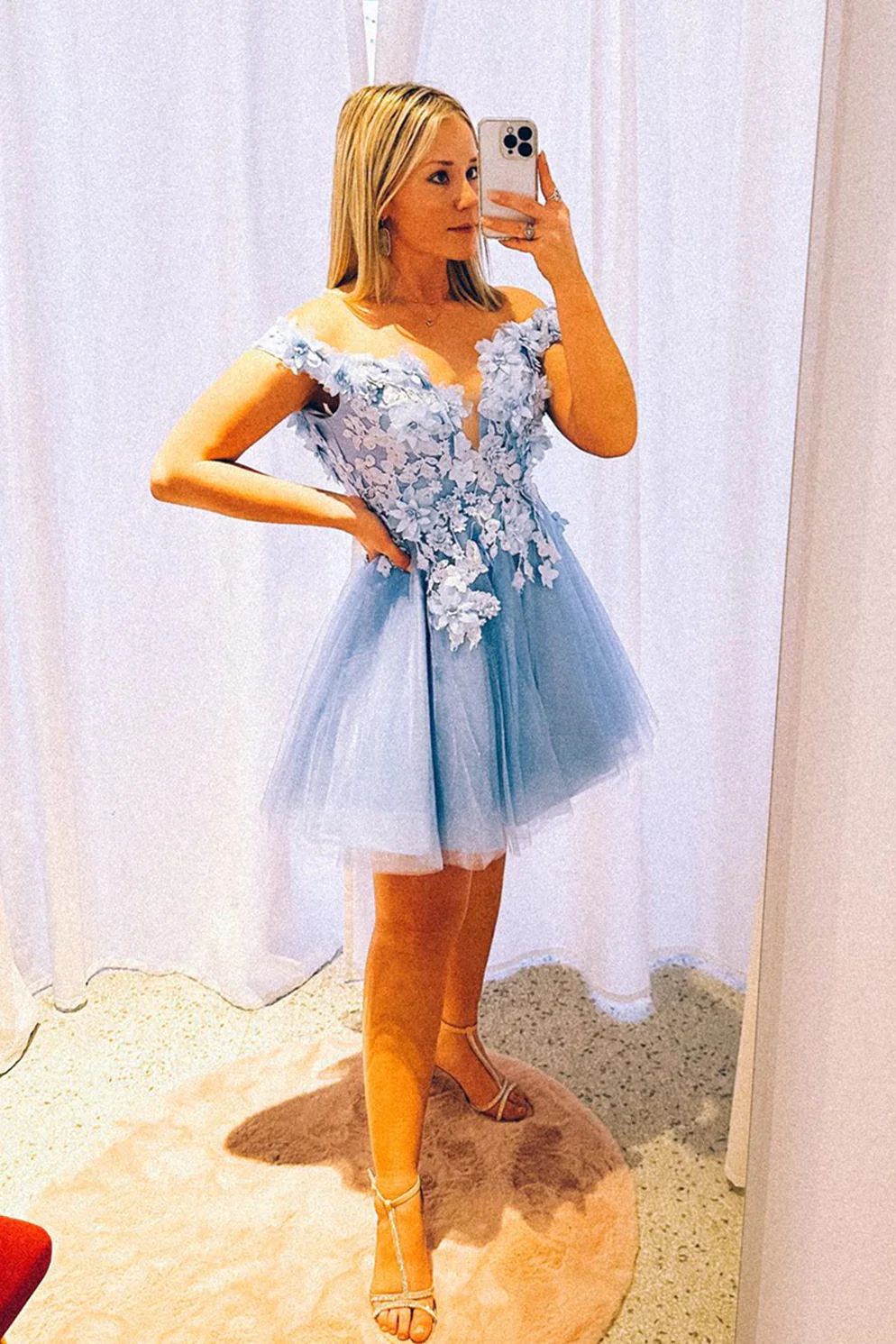 Unique Light Blue 3D flowers Off Shoulder Homecoming Dress - DollyGown