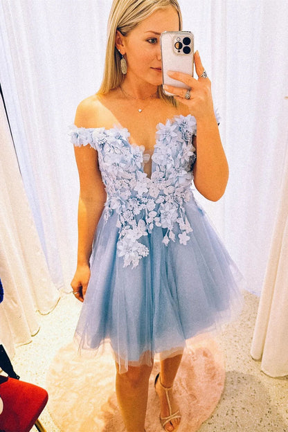 Unique Light Blue 3D flowers Off Shoulder Homecoming Dress - DollyGown