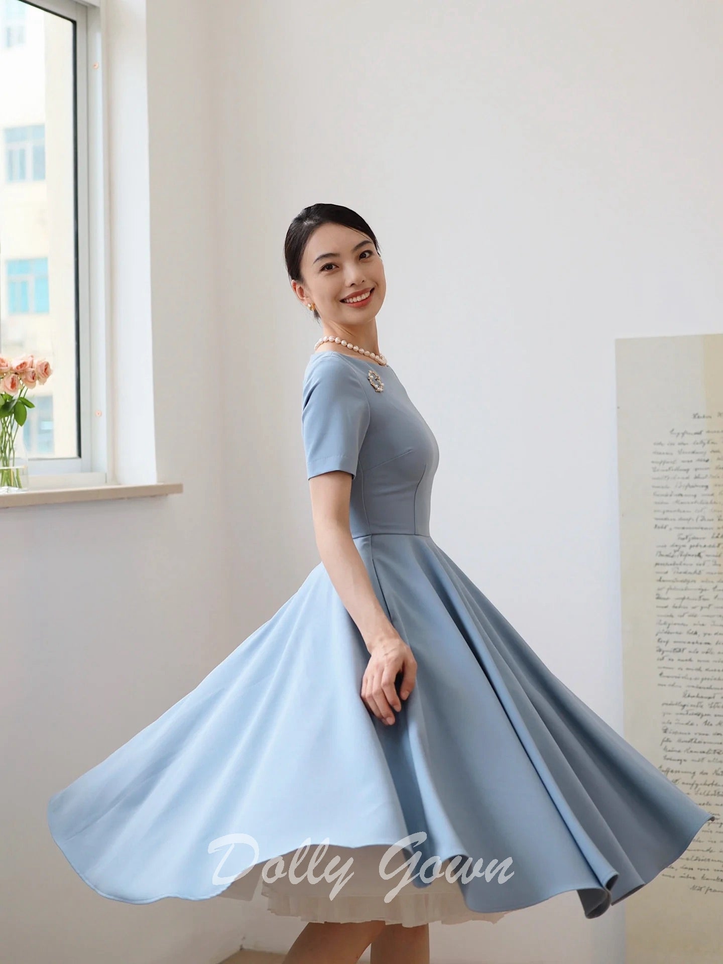Light Blue Short 1950s Vintage Style Dress with Short Sleeves- DollyGown