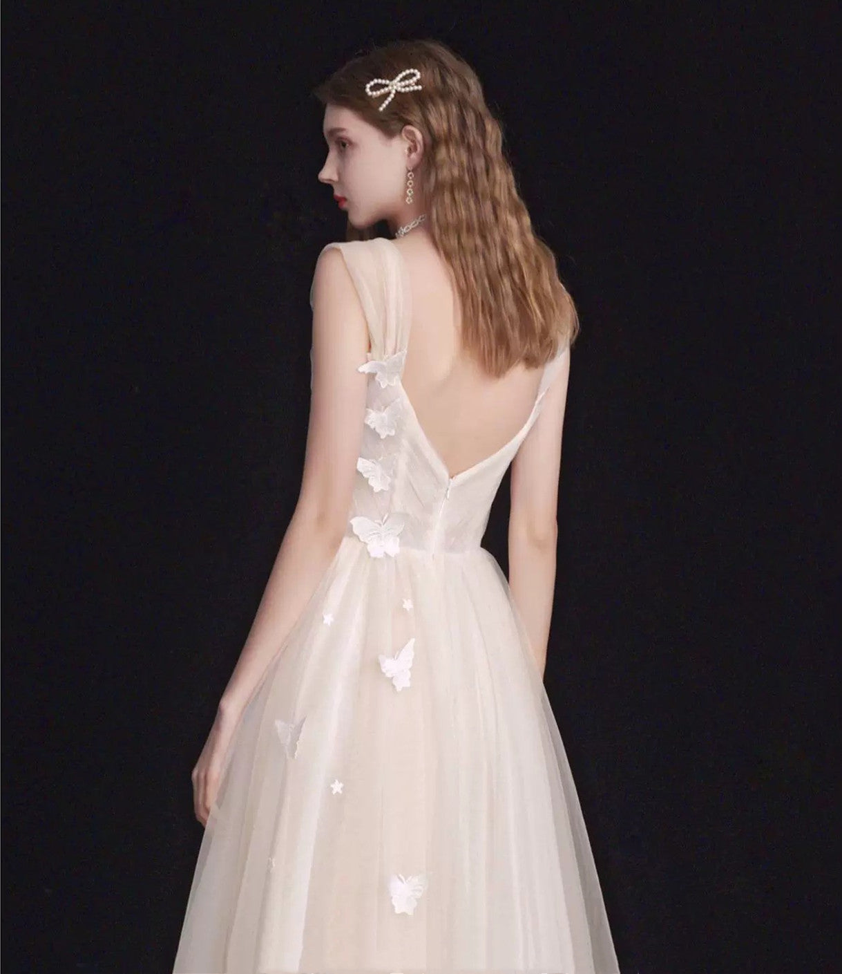 champagne tea length wedding dress Sweetheart Champagne Tulle Tea Length Dress with Gold Sequins Ohmollydress