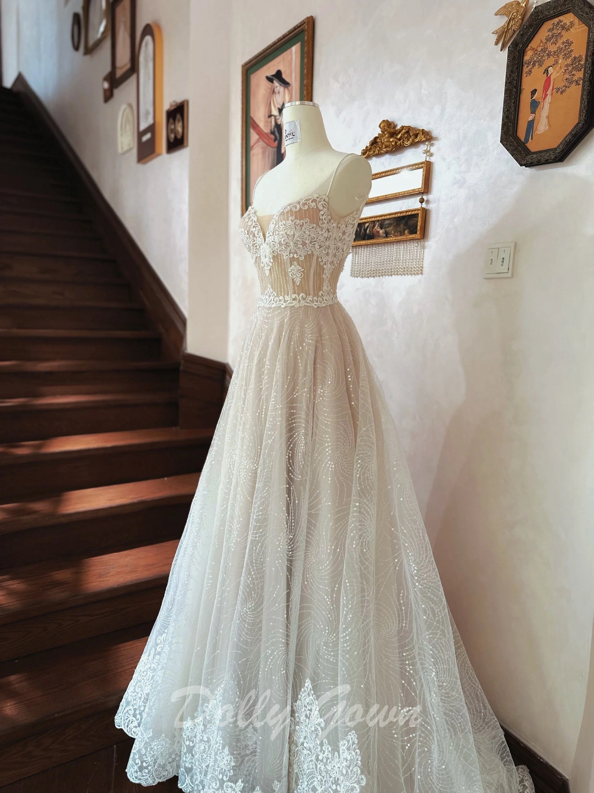Light Champagne See Through Lace Spaghetti Strap Wedding Dress - DollyGown