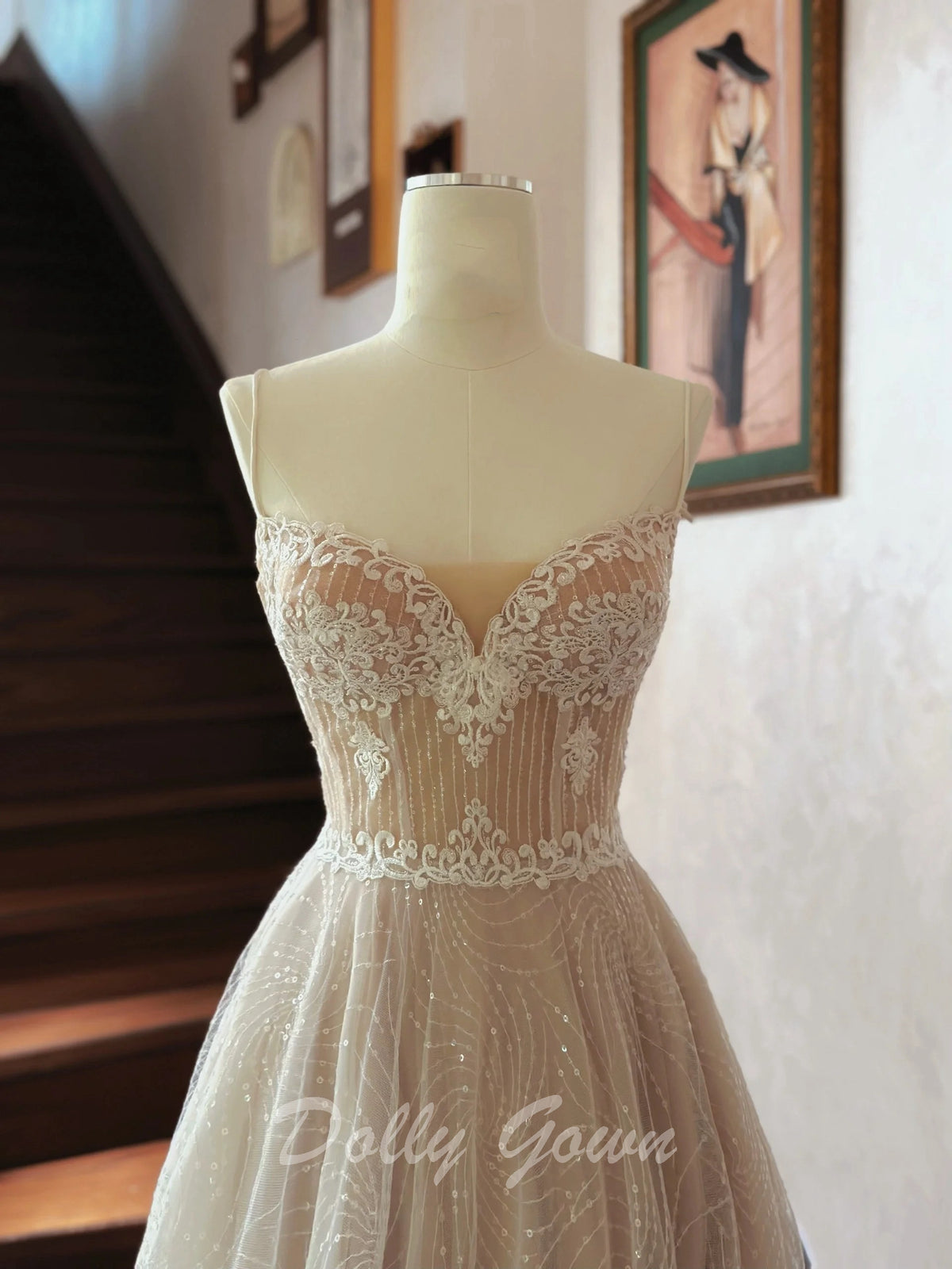 champagne wedding dress with lace overlay Champagne A-Line Wedding Gown w/ Lace Bodice & Plunging Neckline