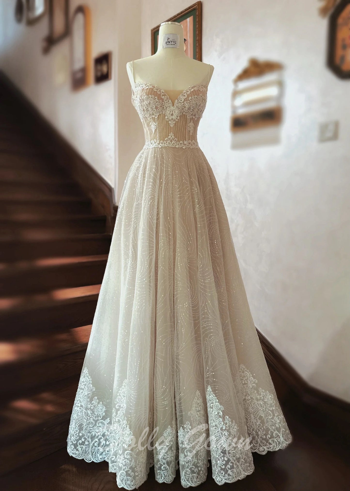 Light Champagne See Through Lace Spaghetti Strap Wedding Dress - DollyGown