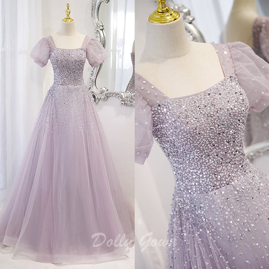 Lilac Bead Square Neck A-line Prom Dress - DollyGown