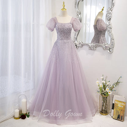 Lilac Bead Square Neck A-line Prom Dress - DollyGown