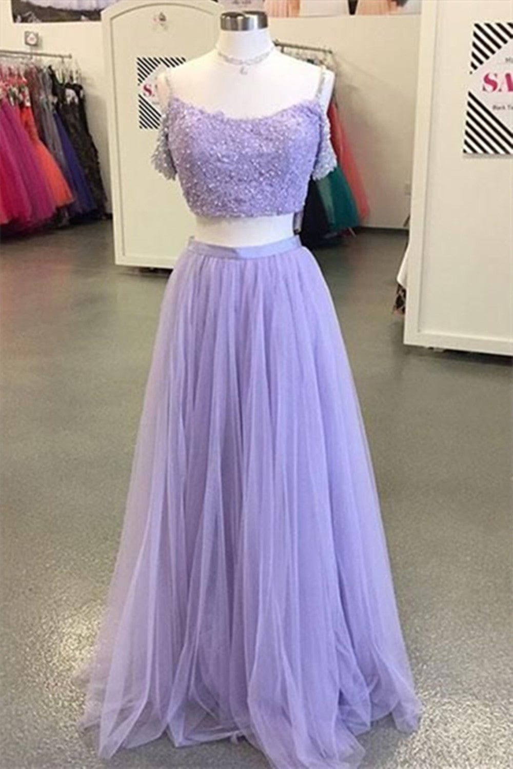 Lilac Off The Shoulder Lace Top Two Piece Long Prom Dress - DollyGown