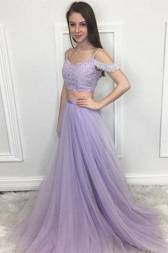 Lilac Off The Shoulder Lace Top Two Piece Long Prom Dress - DollyGown