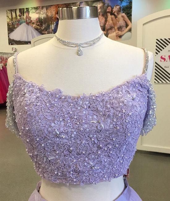 Lilac Off The Shoulder Lace Top Two Piece Long Prom Dress - DollyGown