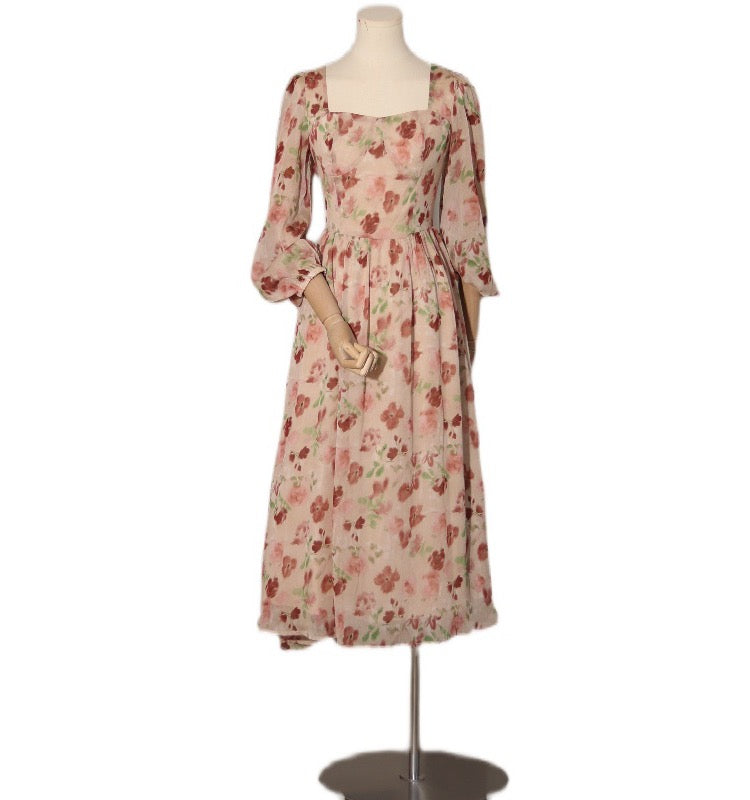 Long Sleeved Retro Style Floral Chiffon Summer Dress- DollyGown