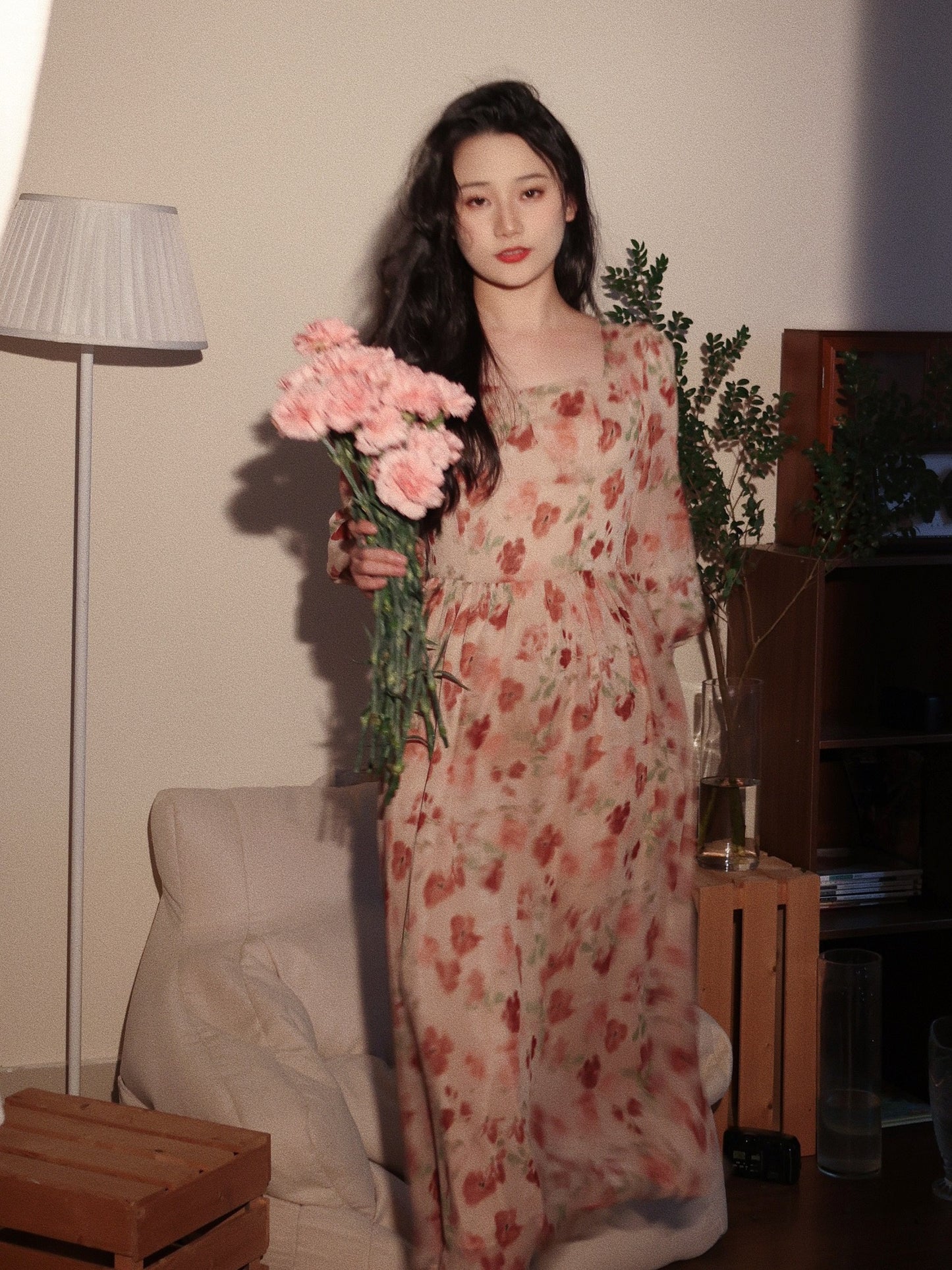 Long Sleeved Retro Style Floral Chiffon Summer Dress- DollyGown