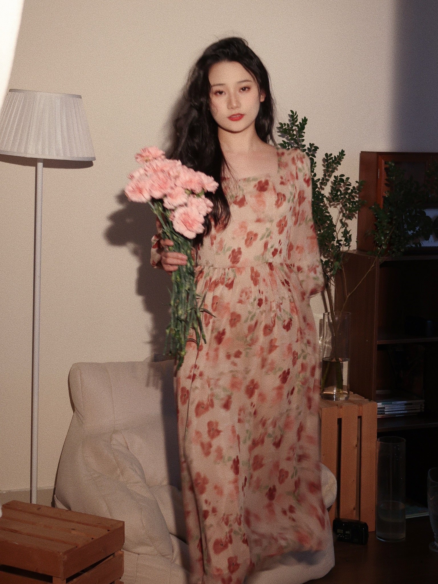 Long Sleeved Retro Style Floral Chiffon Summer Dress- DollyGown