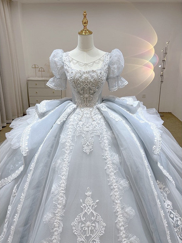 Luxury Pale Blue Princess Cathedral Traditional Victorian Wedding Dress Luxury Pale Blue Princess Cathedral Traditional Victorian Wedding Dress