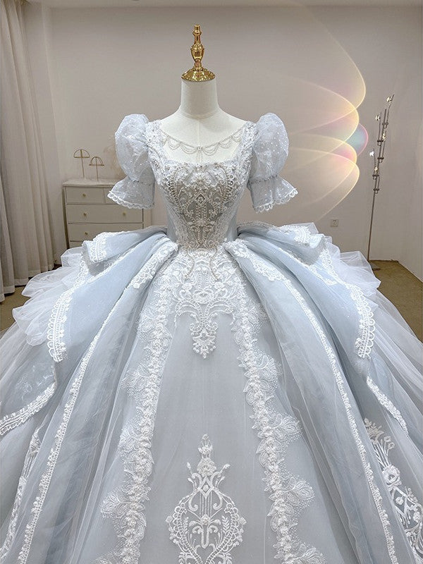 Luxury Pale Blue Princess Cathedral Traditional Wedding Dress - DollyGown