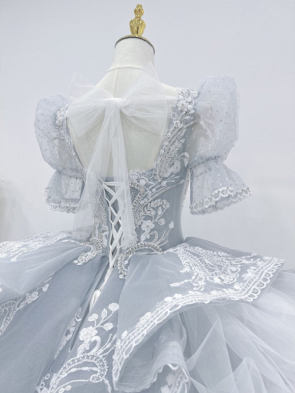Luxury Pale Blue Princess Cathedral Traditional Wedding Dress - DollyGown