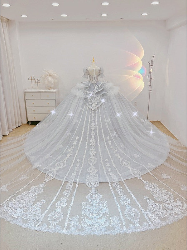 Luxury Pale Blue Princess Cathedral Traditional Wedding Dress - DollyGown