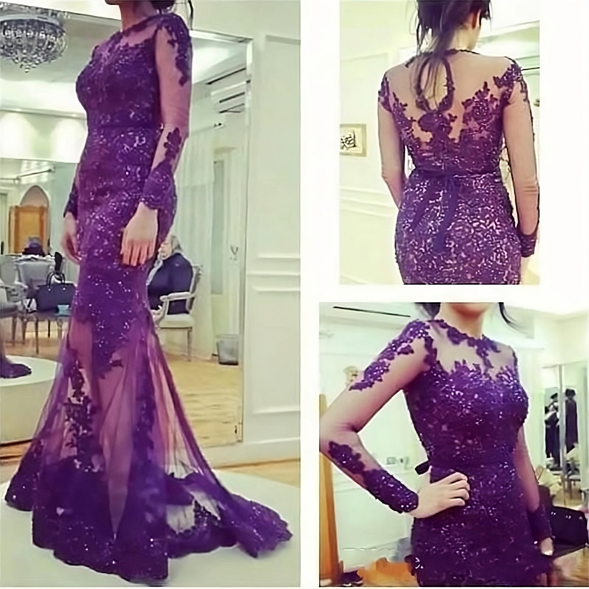 Purple Long Sleeves Plus Size Prom Dresses Lace Mermaid Formal Evening Gowns