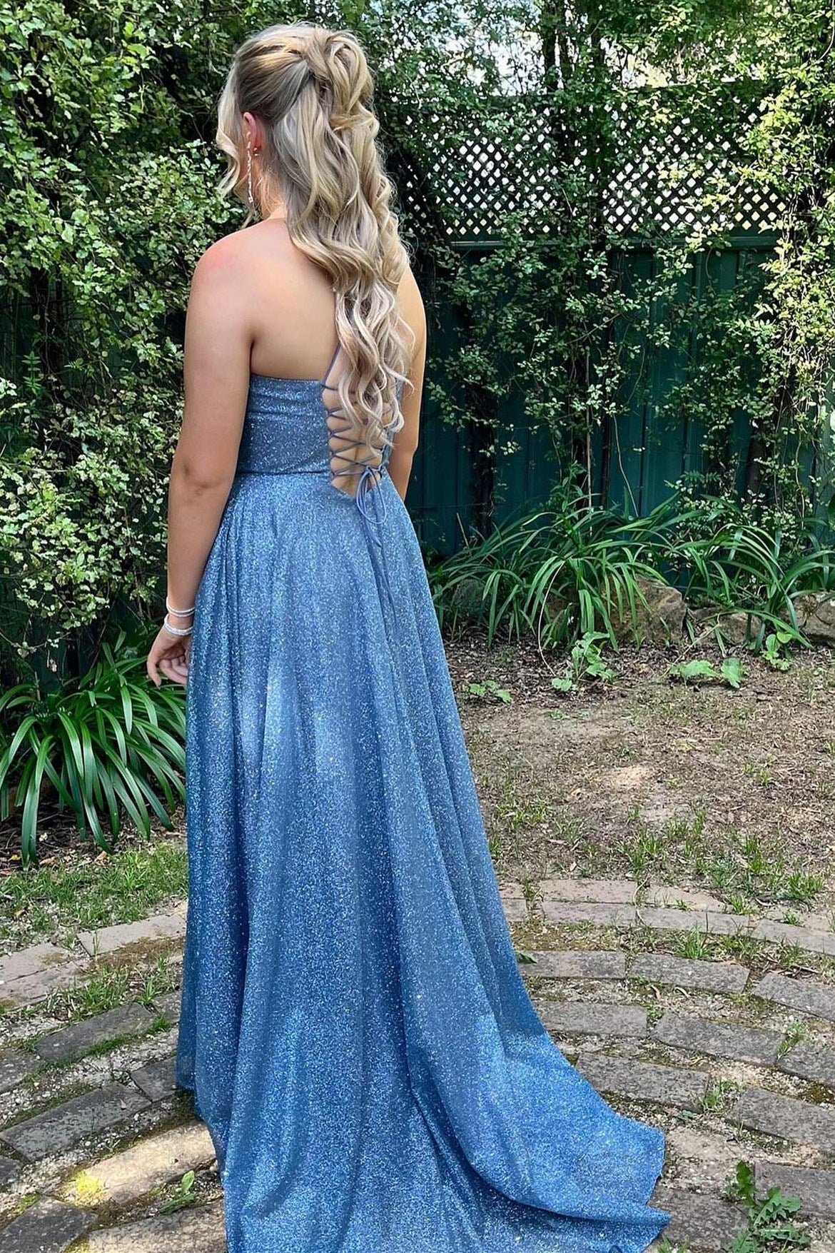 Glitter Cowl Neck Corset Lace-Up Bodice A-Line Long Prom Dress Glitter Cowl Neck Corset Lace-Up Bodice A-Line Long Prom Dress