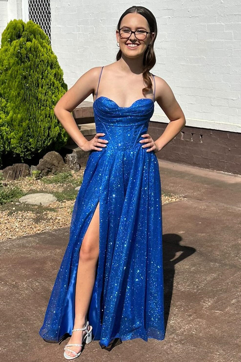 Glitter Cowl Neck Corset Lace-Up Bodice A-Line Long Prom Dress Glitter Cowl Neck Corset Lace-Up Bodice A-Line Long Prom Dress