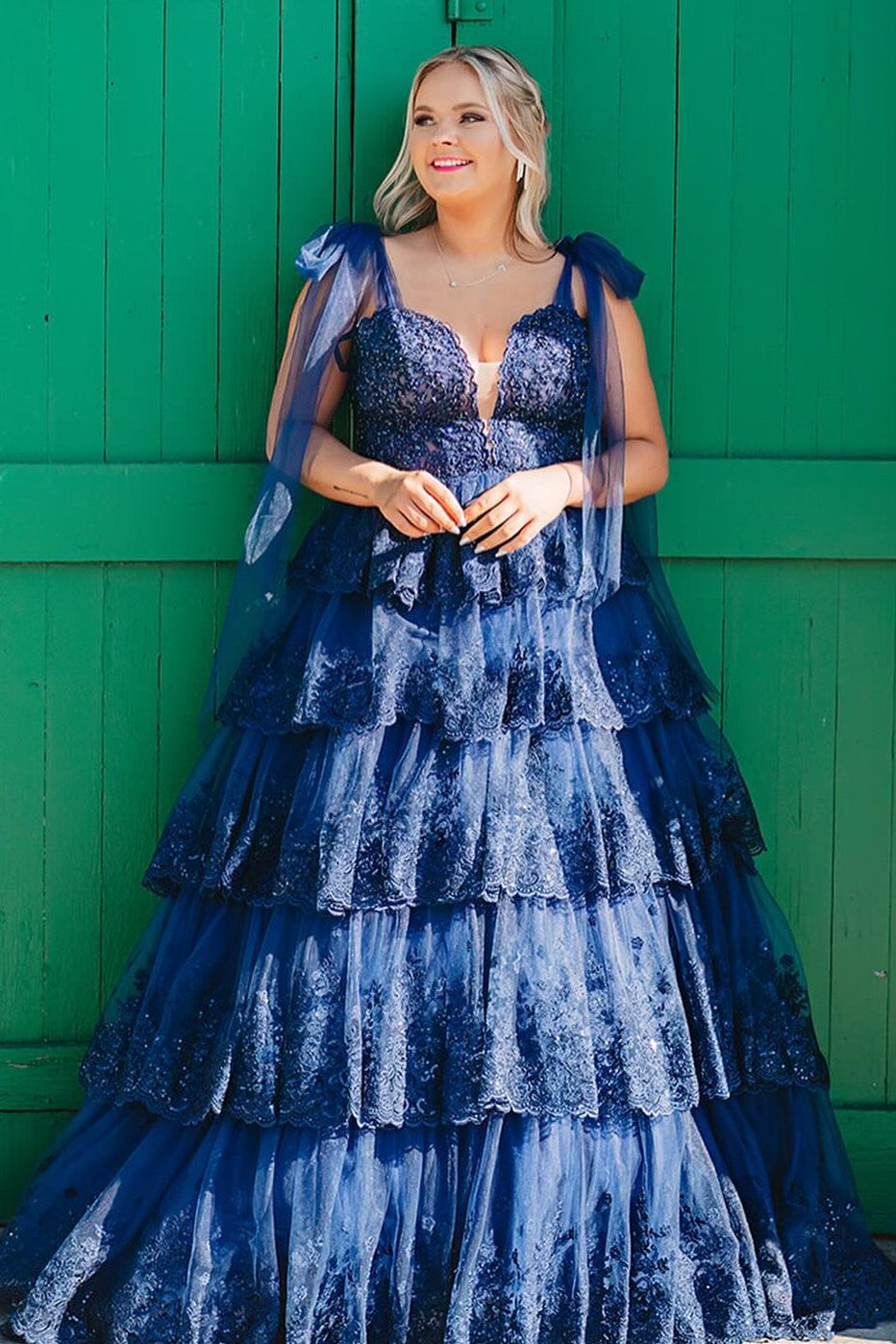 Light Blue Tulle Appliques Tie Straps Ruffle Tiered Lace Long Prom Dress Light Blue Tulle Appliques Tie Straps Ruffle Tiered Lace Long Prom Dress