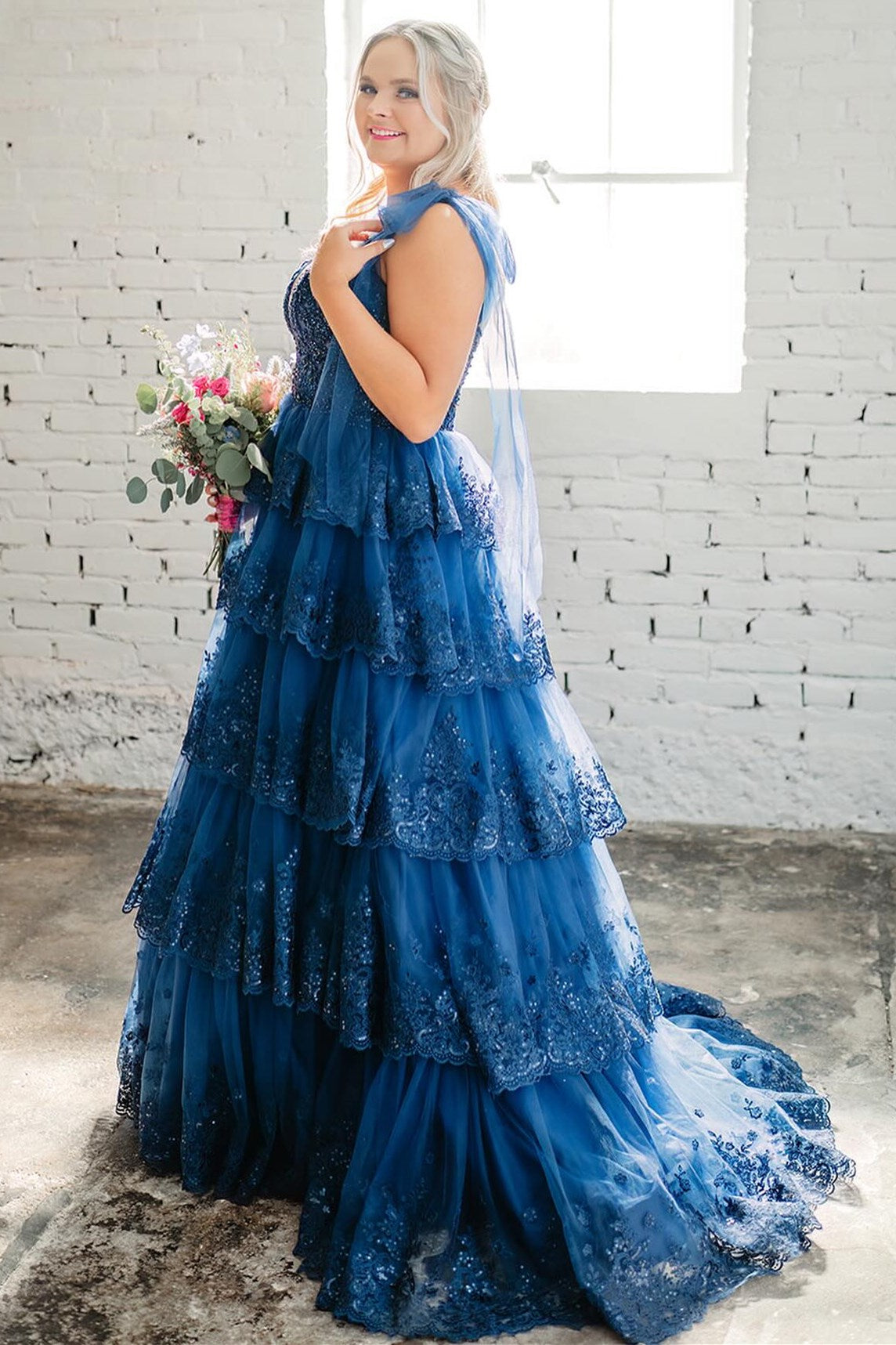 Light Blue Tulle Appliques Tie Straps Ruffle Tiered Lace Long Prom Dress Light Blue Tulle Appliques Tie Straps Ruffle Tiered Lace Long Prom Dress