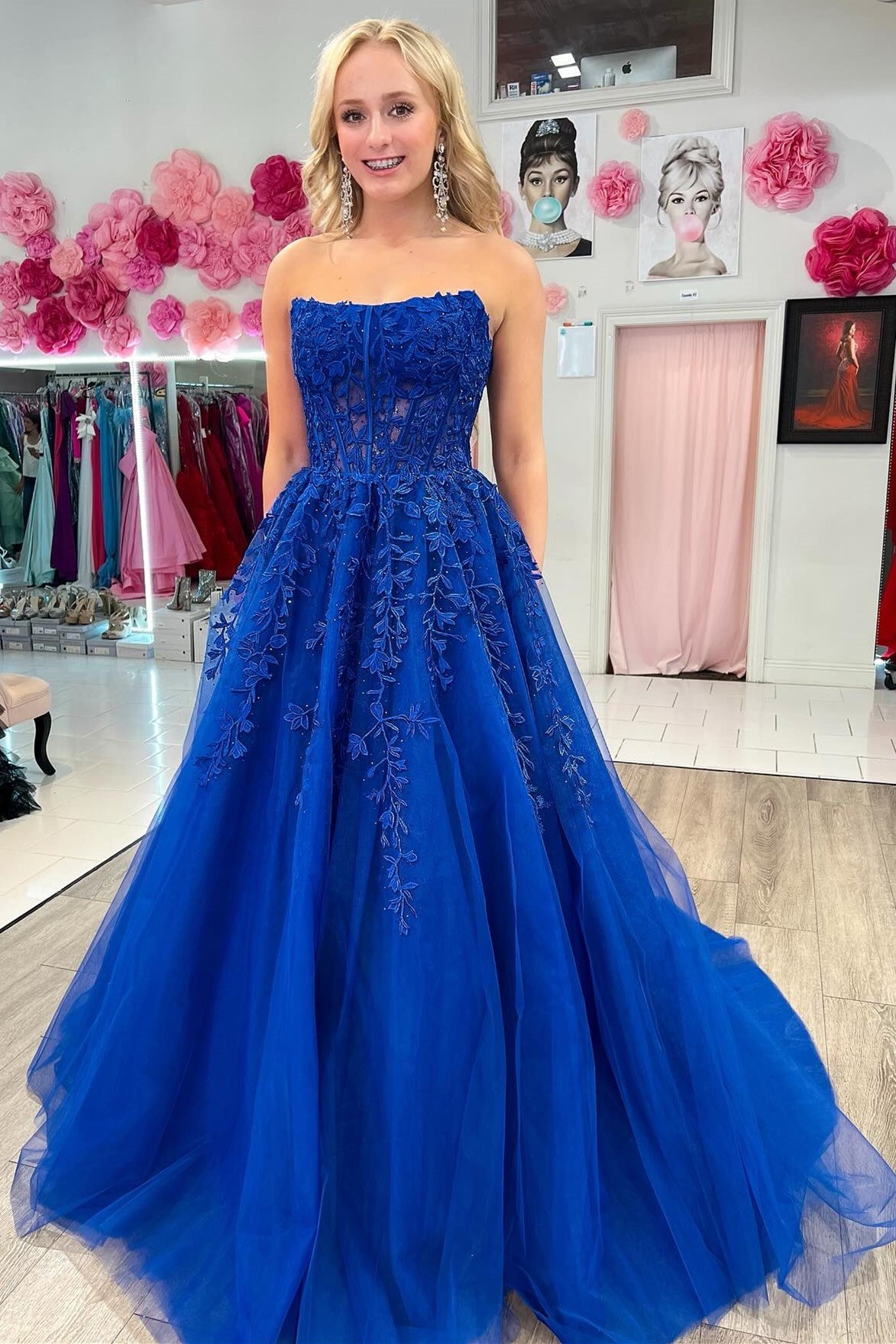 Aqua Blue Appliques Strapless A-Line Long Sheer Prom Dress Aqua Blue Appliques Strapless A-Line Long Sheer Prom Dress