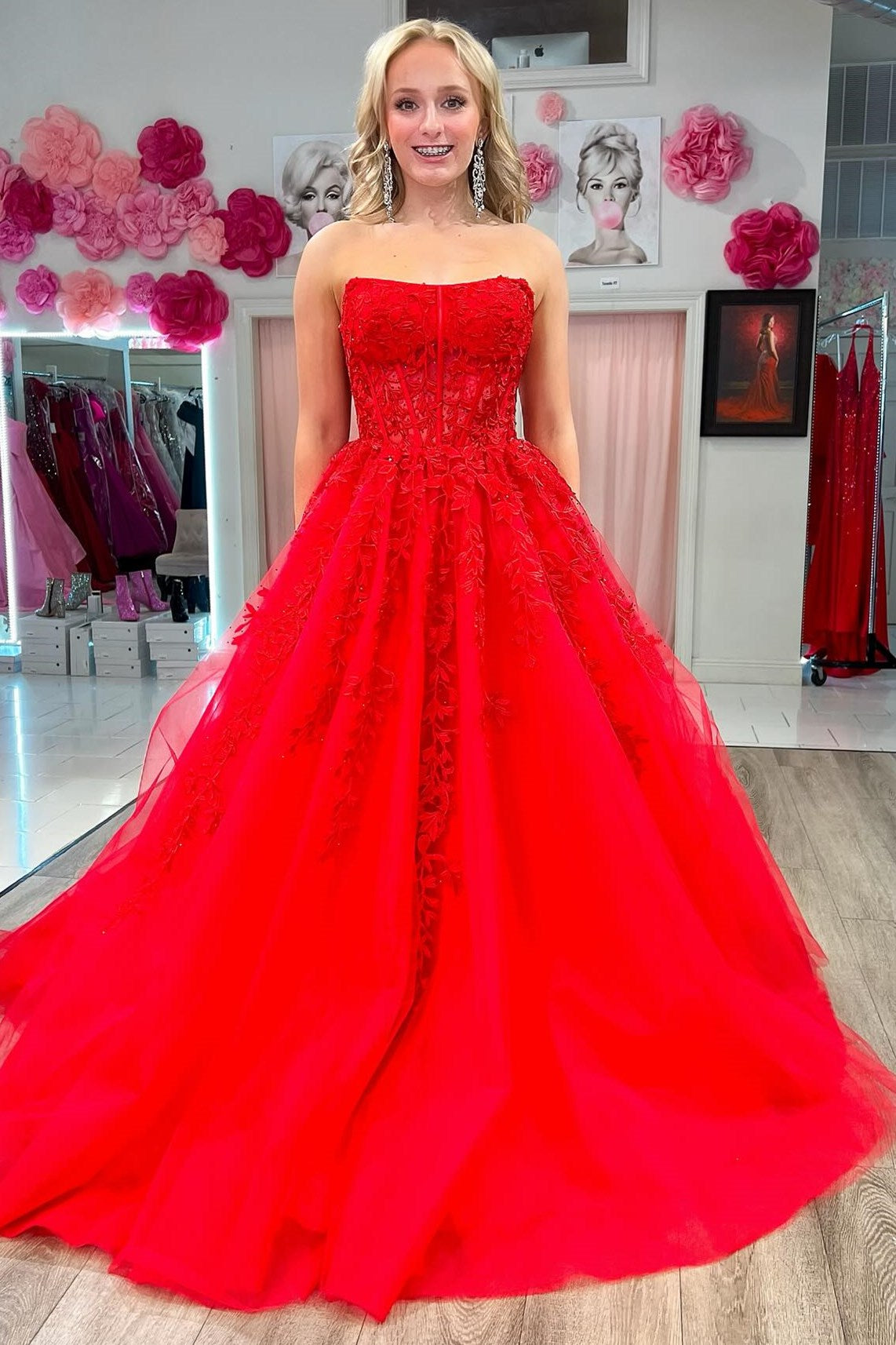 Aqua Blue Appliques Strapless A-Line Long Sheer Prom Dress Aqua Blue Appliques Strapless A-Line Long Sheer Prom Dress