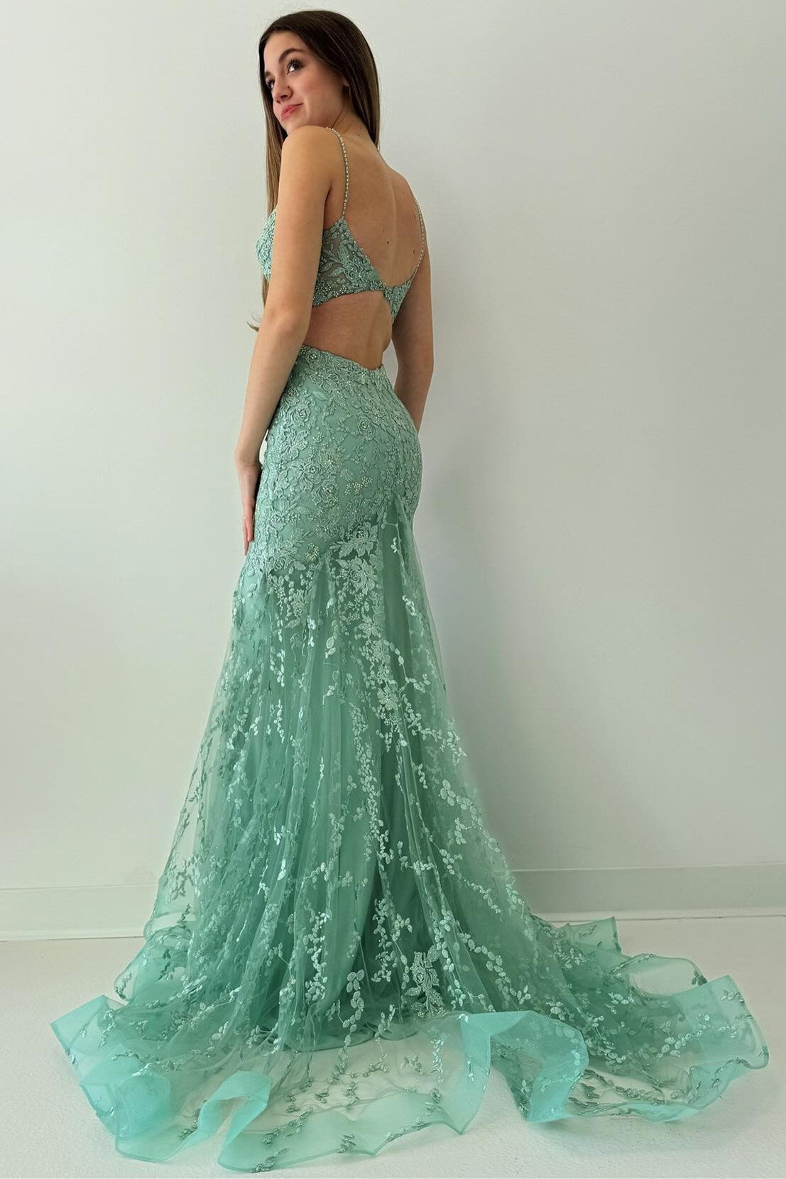 Sage Green Lace Mermaid Open Back Long Prom Dress Sage Green Lace Mermaid Open Back Long Prom Dress