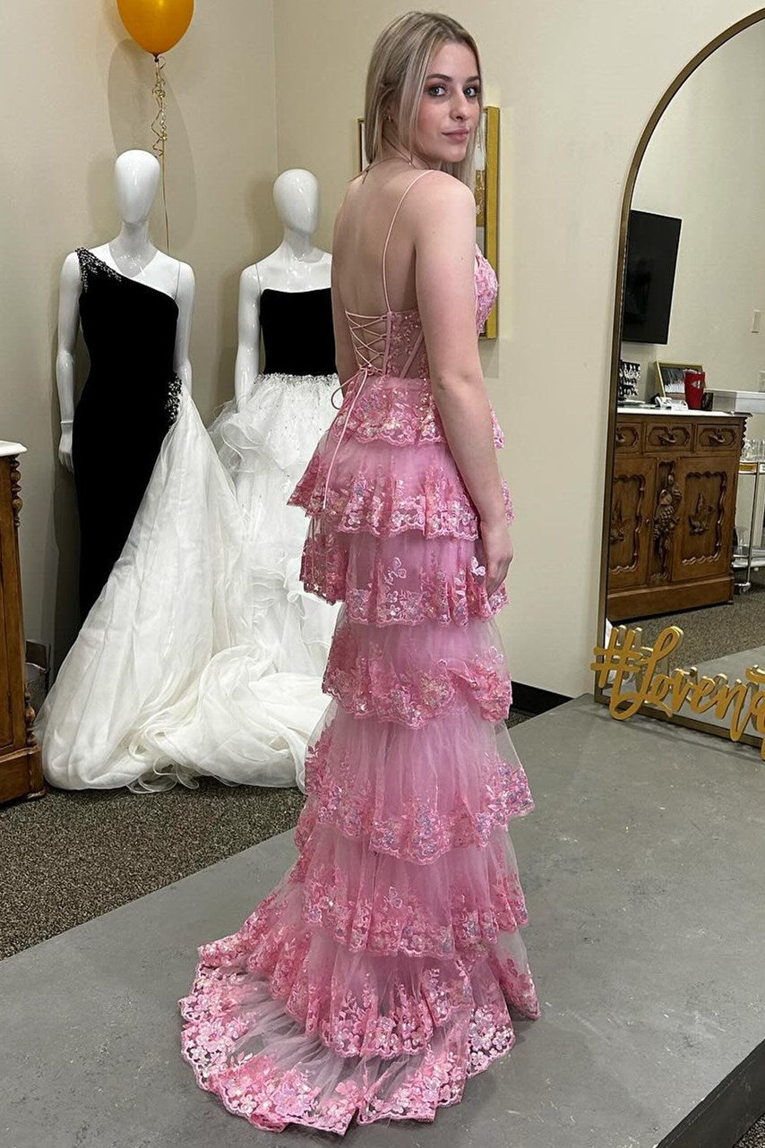 Pink Glitter Lace-Up Ruffle Lace Tiered Long Dress with Slit Pink Glitter Lace-Up Ruffle Lace Tiered Long Dress with Slit