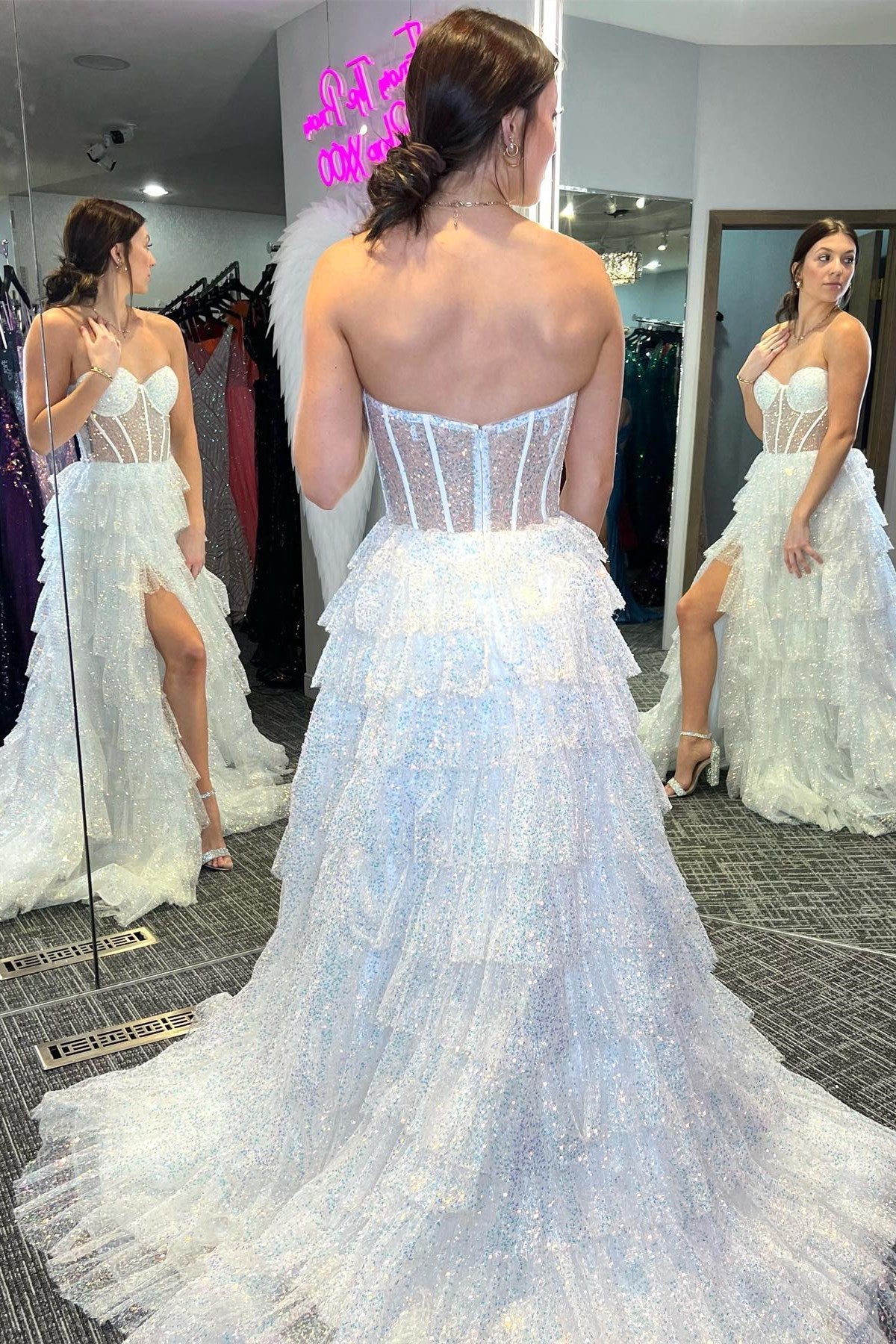 Glitter Sequins Corset See Through Ruffle Tiered Long Prom Dress with Slit Glitter Sequins Corset See Through Ruffle Tiered Long Prom Dress with Slit