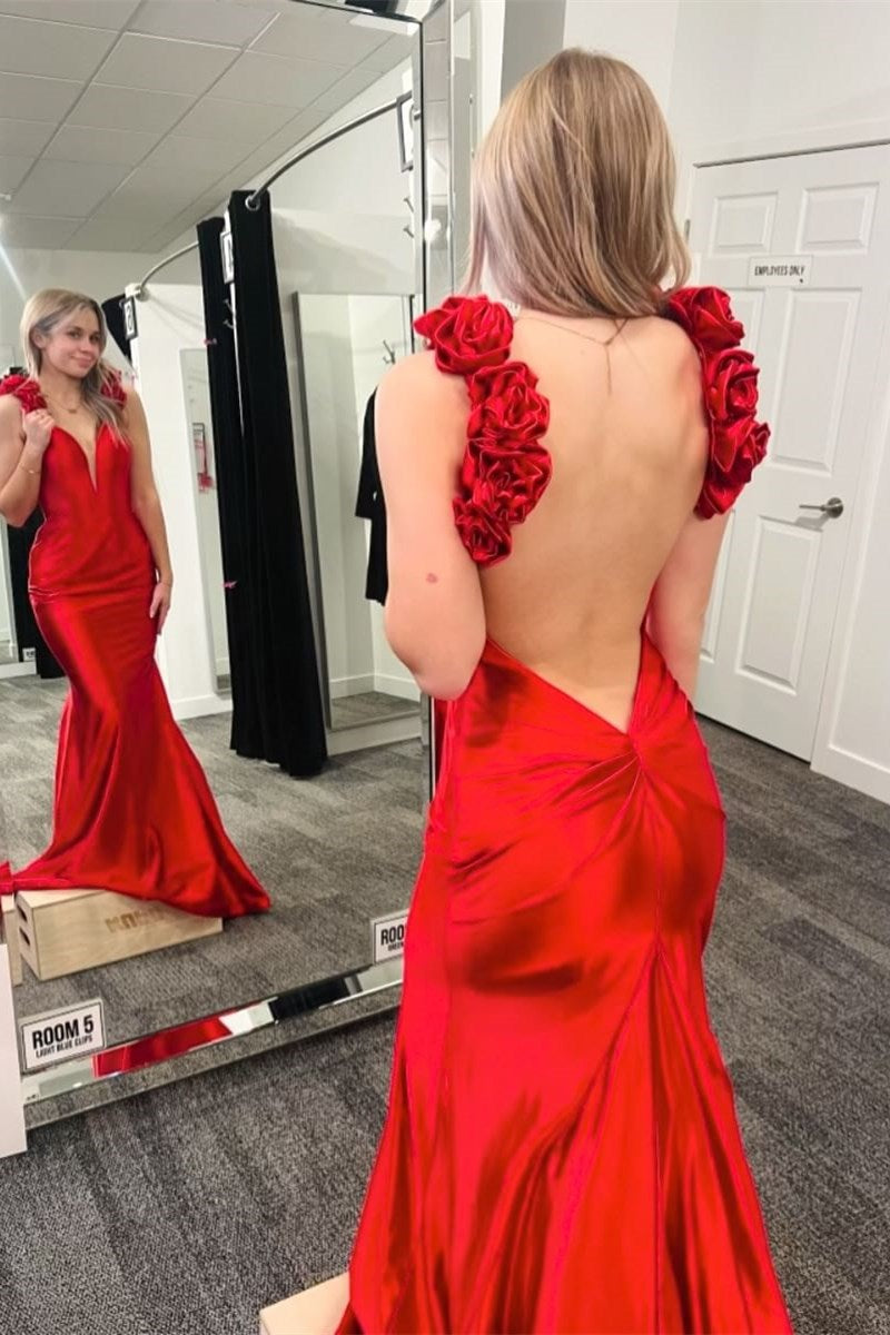 Rosette Plunge V Backless Mermaid Long Formal Gown Rosette Plunge V Backless Mermaid Long Formal Gown