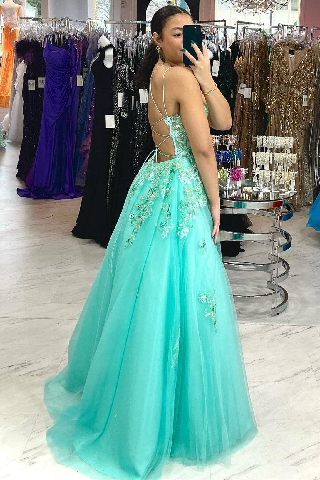 Aqua Blue Lace-Up Tulle Prom Dress with Appliques Aqua Blue Lace-Up Tulle Prom Dress with Appliques
