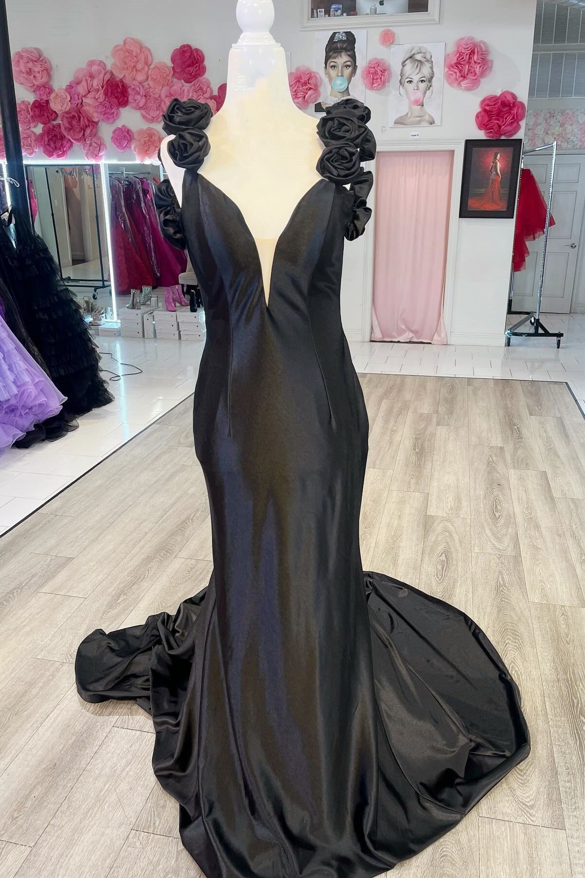 Rosette Plunge V Backless Mermaid Long Formal Gown Rosette Plunge V Backless Mermaid Long Formal Gown