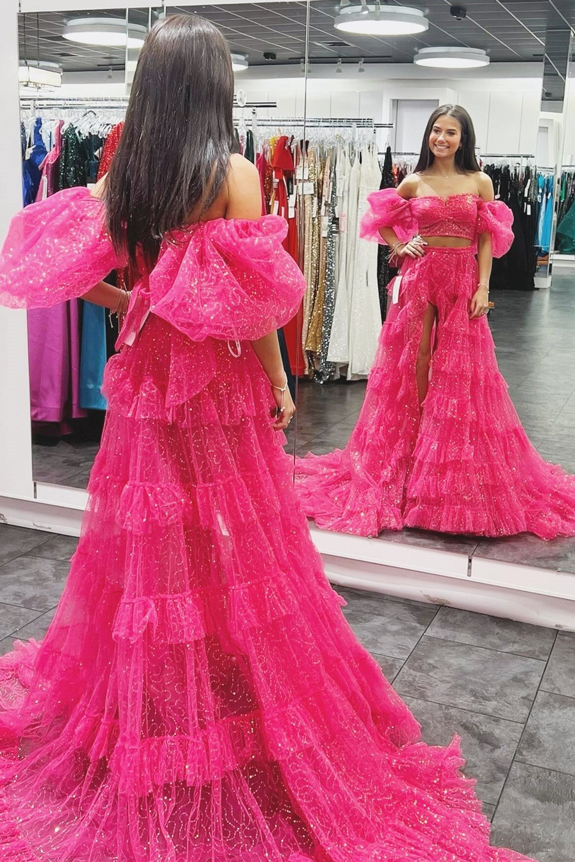 Fuchsia Two-Piece Puff Sleeve Ruffle Glitter Prom Dress with Slit Fuchsia Two-Piece Puff Sleeve Ruffle Glitter Prom Dress with Slit