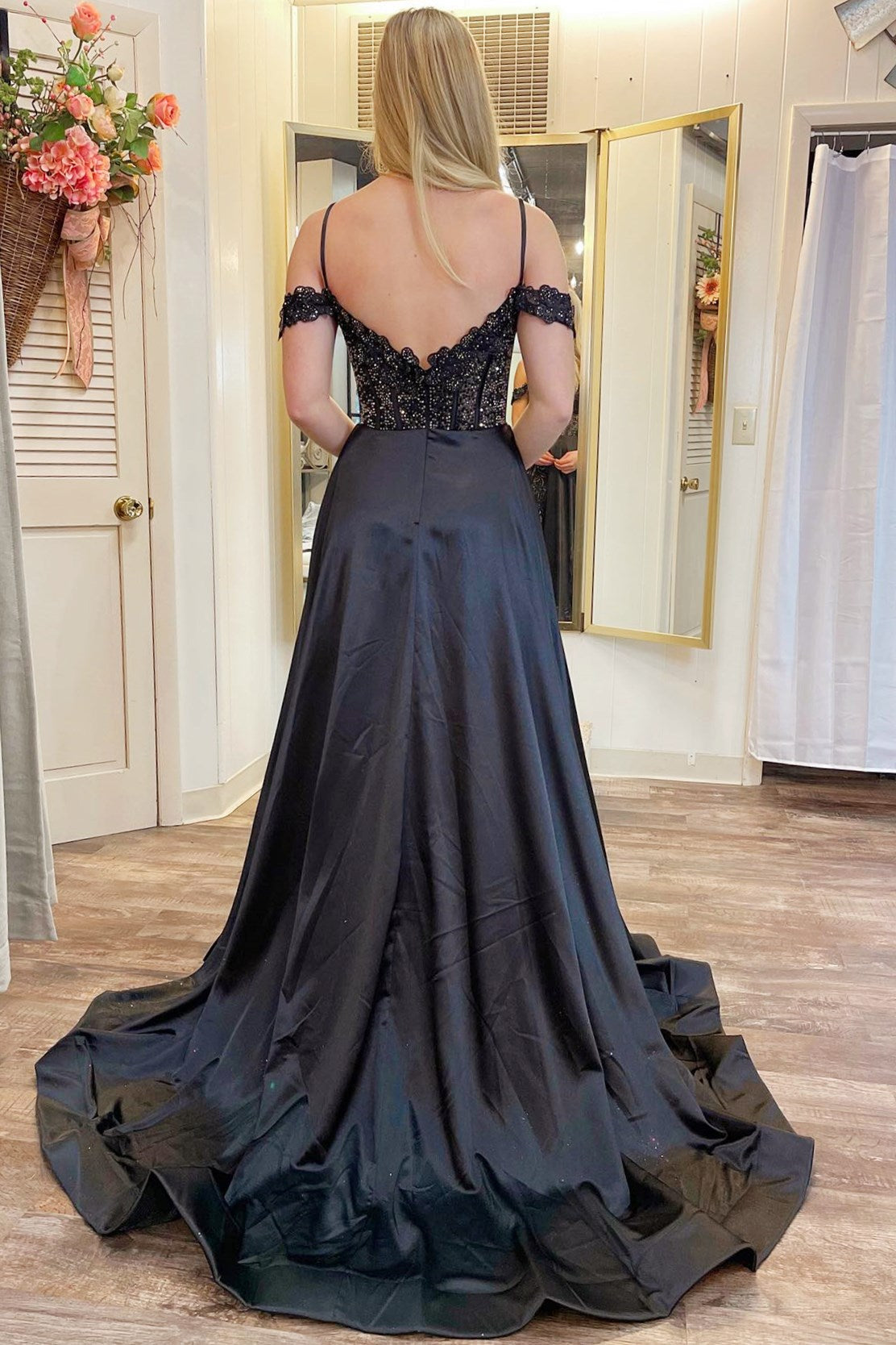 Black Cold-Shoulder Beaded A-Line Formal Dress with Slit Black Cold-Shoulder Beaded A-Line Formal Dress with Slit