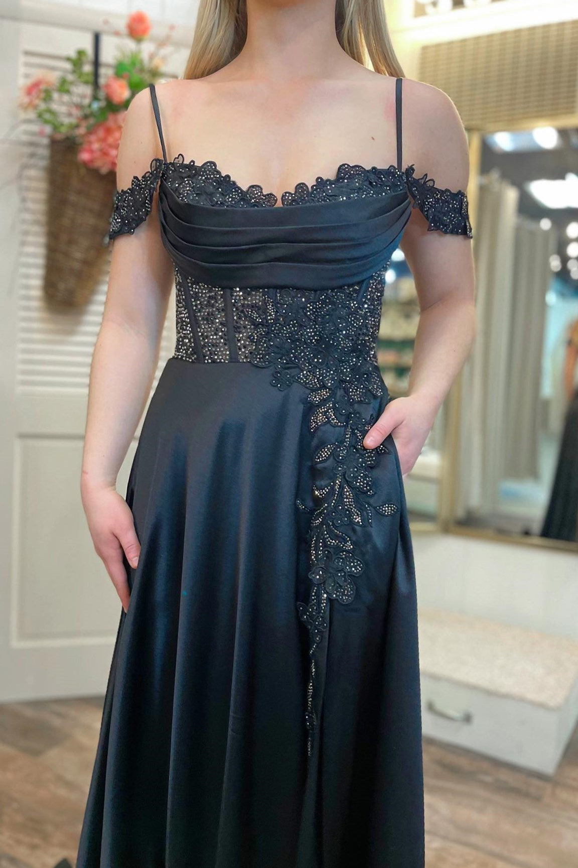 Black Cold-Shoulder Beaded A-Line Formal Dress with Slit Black Cold-Shoulder Beaded A-Line Formal Dress with Slit