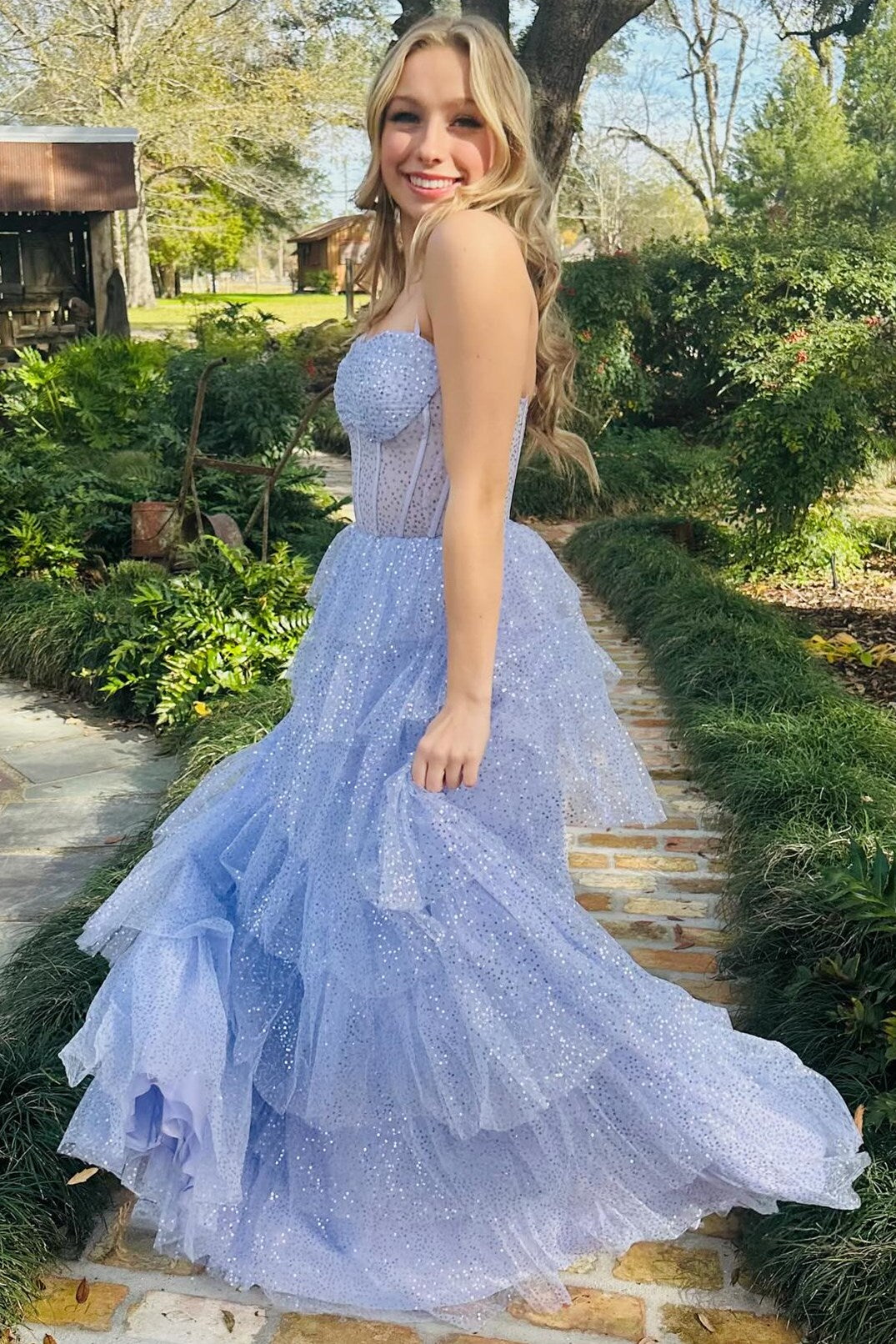 Lavender Tulle Sequin Ruffle Tiered Long Prom Dress Lavender Tulle Sequin Ruffle Tiered Long Prom Dress