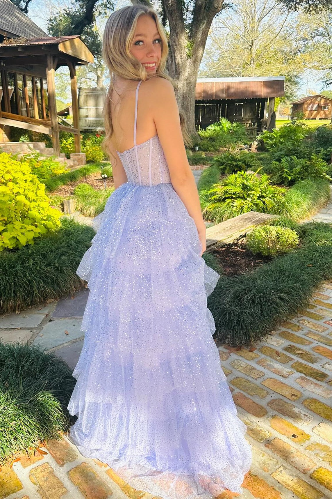 lavender tulle dress Annabella Midi - V-Neck and a tied open back create a flattering silhouette. Purple Off Shoulder Tulle Short