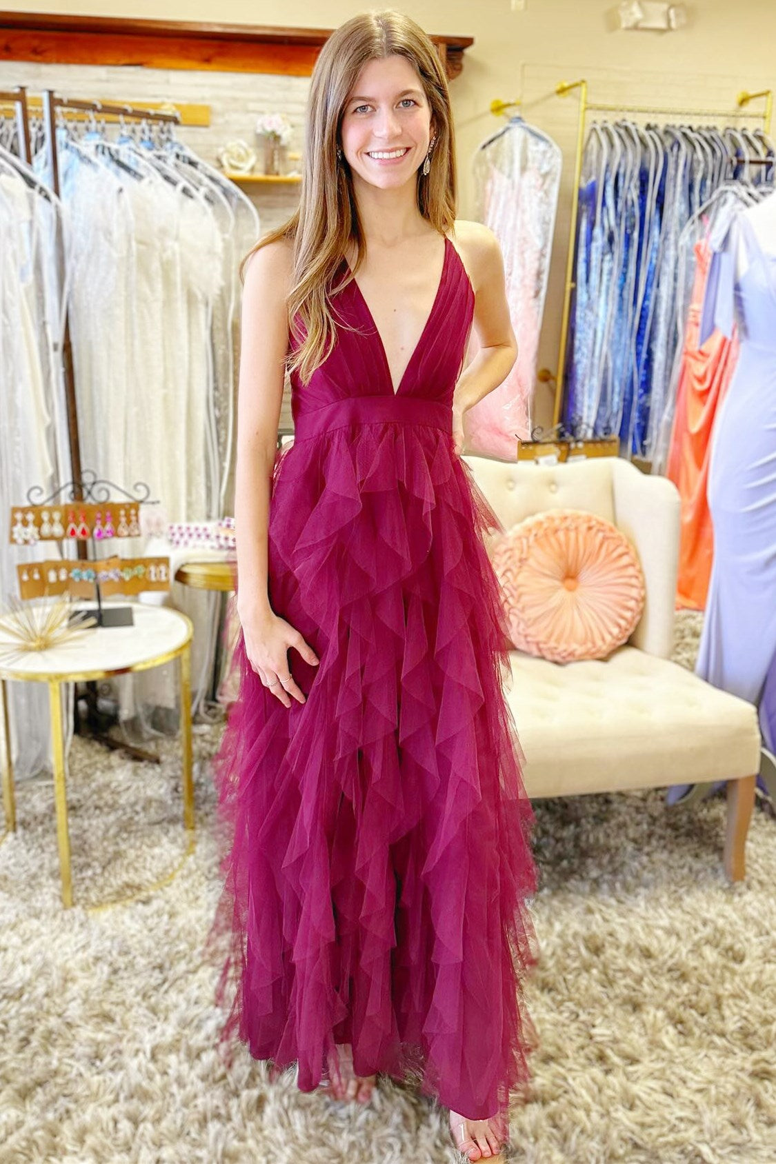Dusty Blue Cross-Back Plunge V Ruffle Maxi Prom Dress Dusty Blue Cross-Back Plunge V Ruffle Maxi Prom Dress