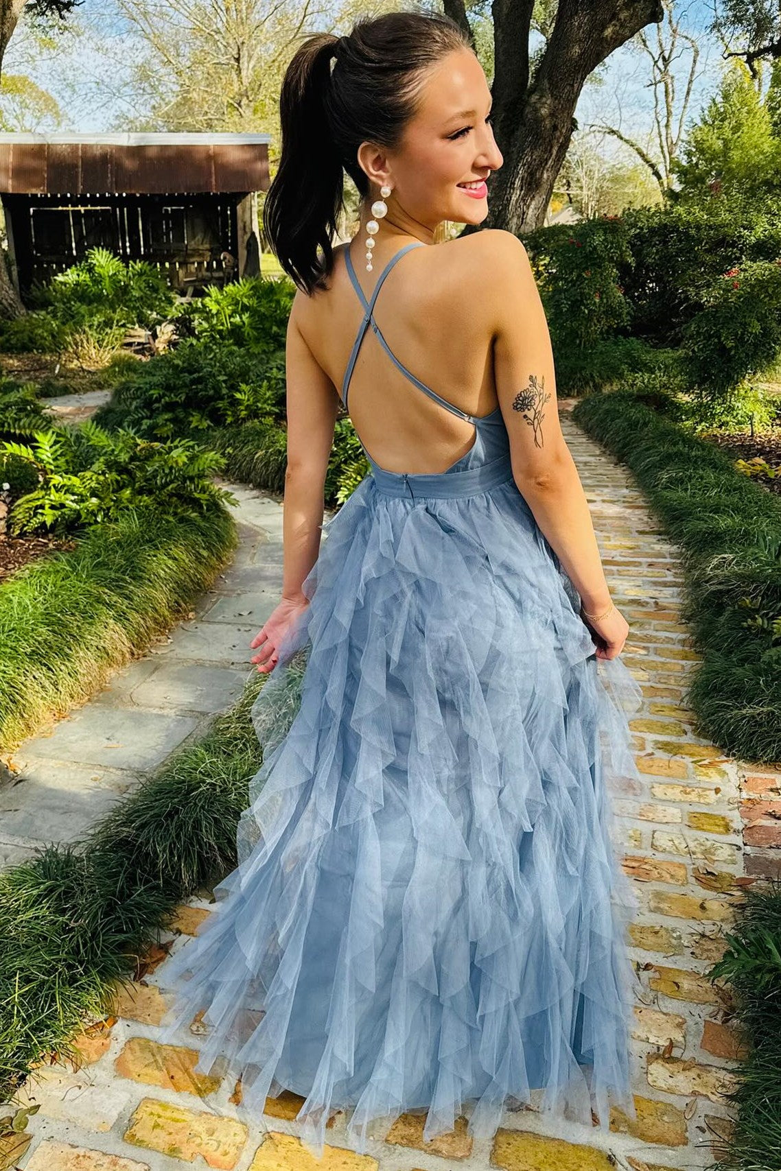 Dusty Blue Cross-Back Plunge V Ruffle Maxi Prom Dress Dusty Blue Cross-Back Plunge V Ruffle Maxi Prom Dress