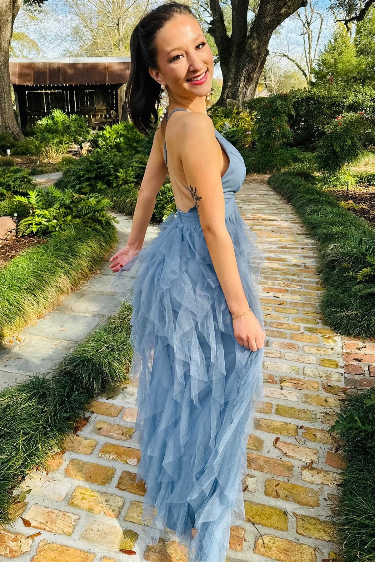 dusty blue spring dress Dove Romantic Dusty Blue Tiered Midi Dress L Neutral Ground L