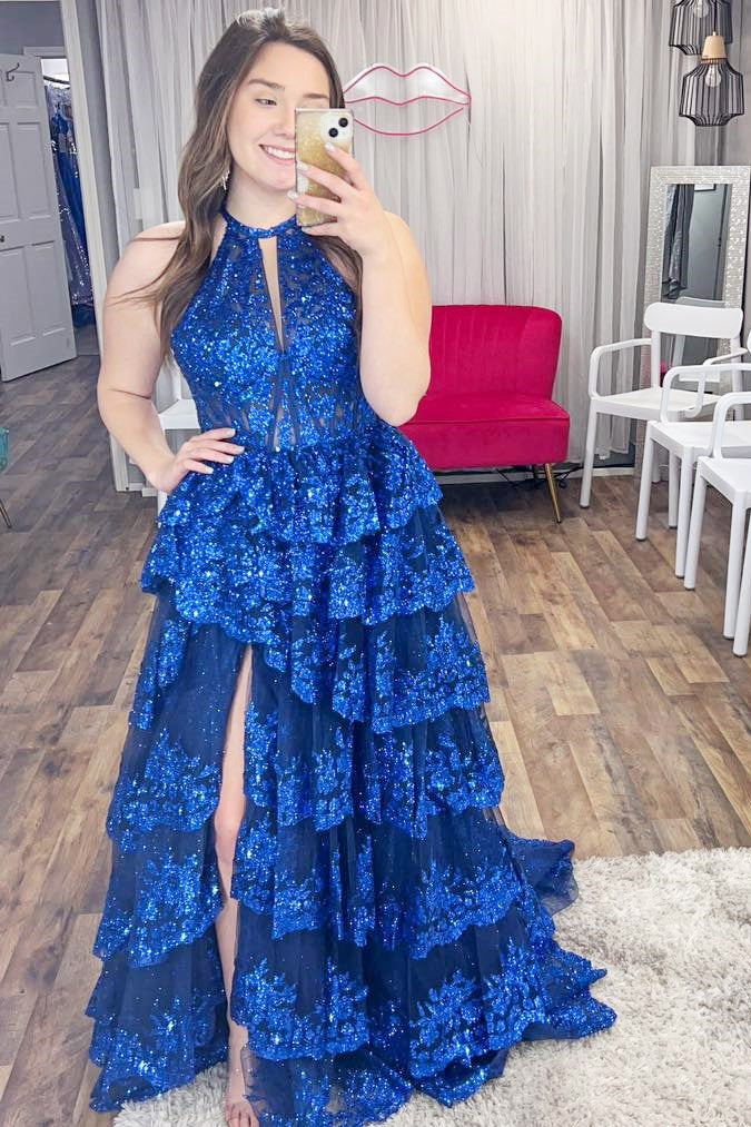 Royal Blue Halter Keyhole Glitter Lace Ruffle Tiered Prom Gown with Side Slit Royal Blue Halter Keyhole Glitter Lace Ruffle Tiered Prom Gown with Side Slit